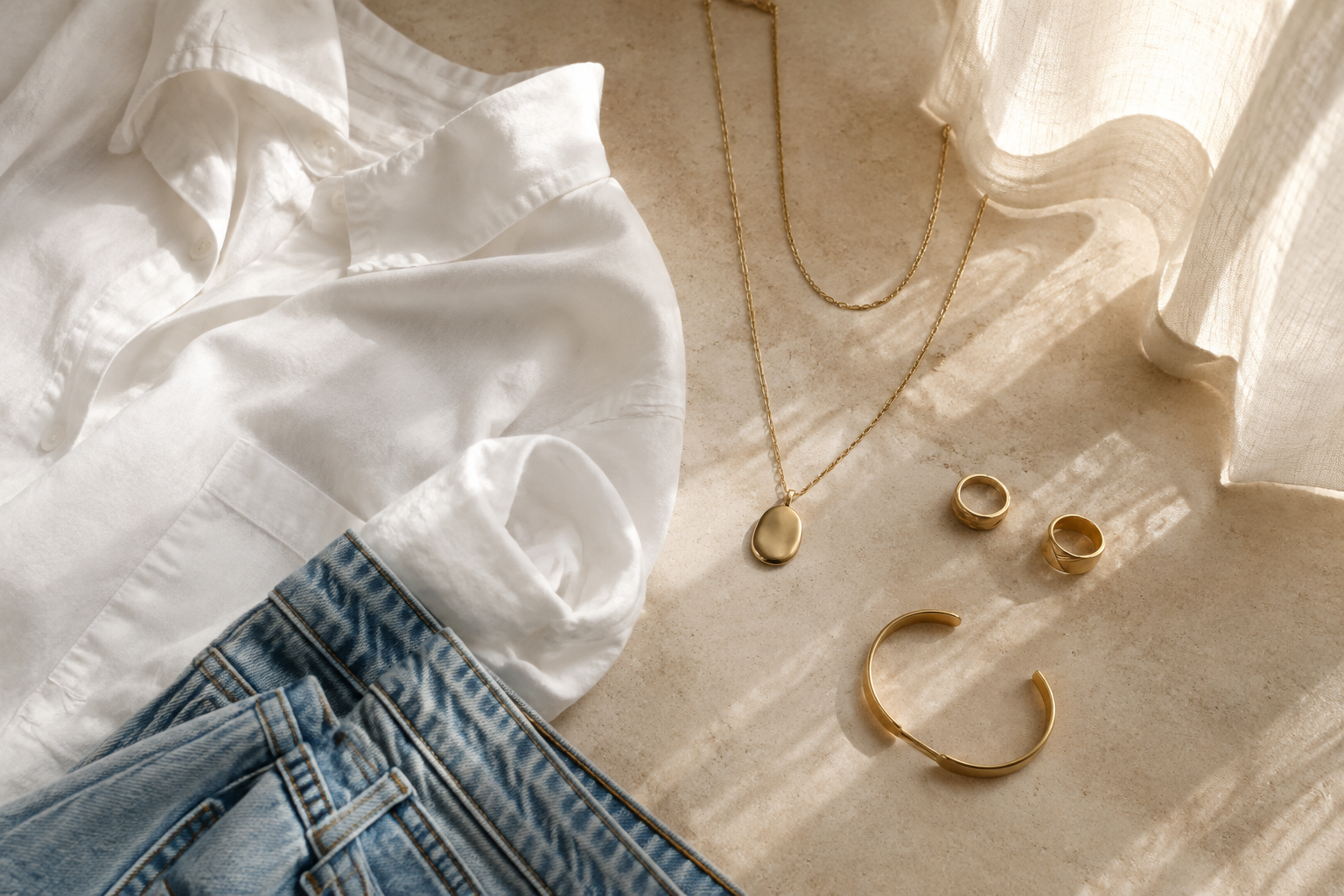 Guldsmycken stylade med vit skjorta och denim