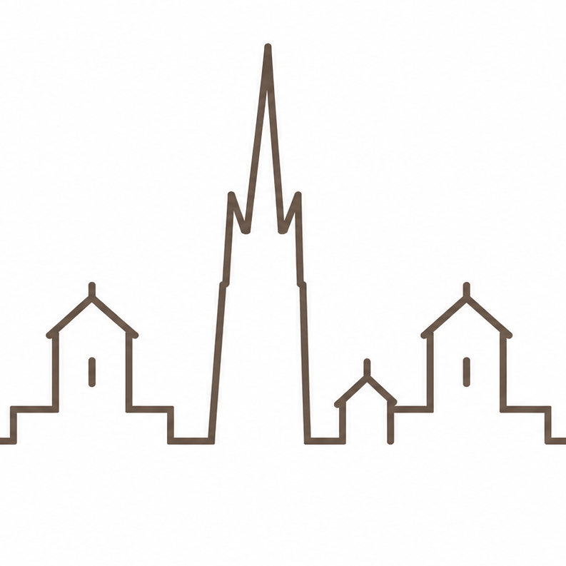 Simple line drawing of a cityscape with buildings and a tall tower on a white background